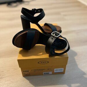 TOD'S Black Leather Block Heel Sandals - Size 37